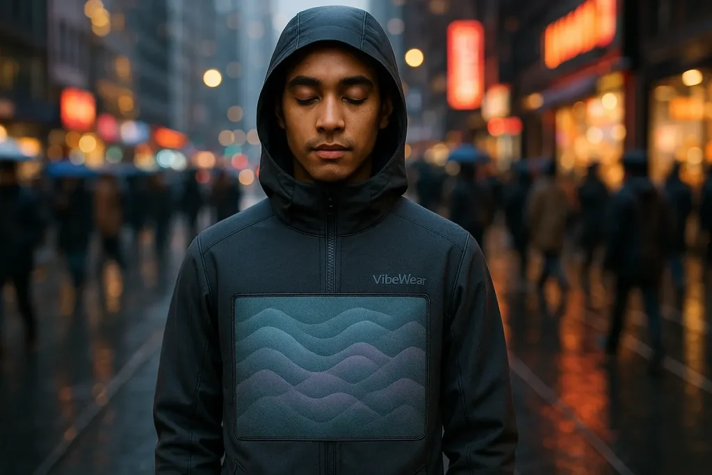 VibeWear garment's subtly shifting E-Ink patterns help user stay calm, focused in a bustling modern urban environment.