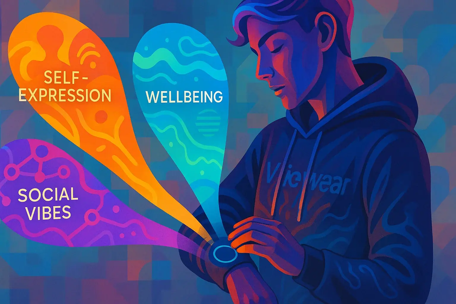 Vibrant, abstract user interacts with VibeWear interface, thought bubbles show impact priorities: self-expression,