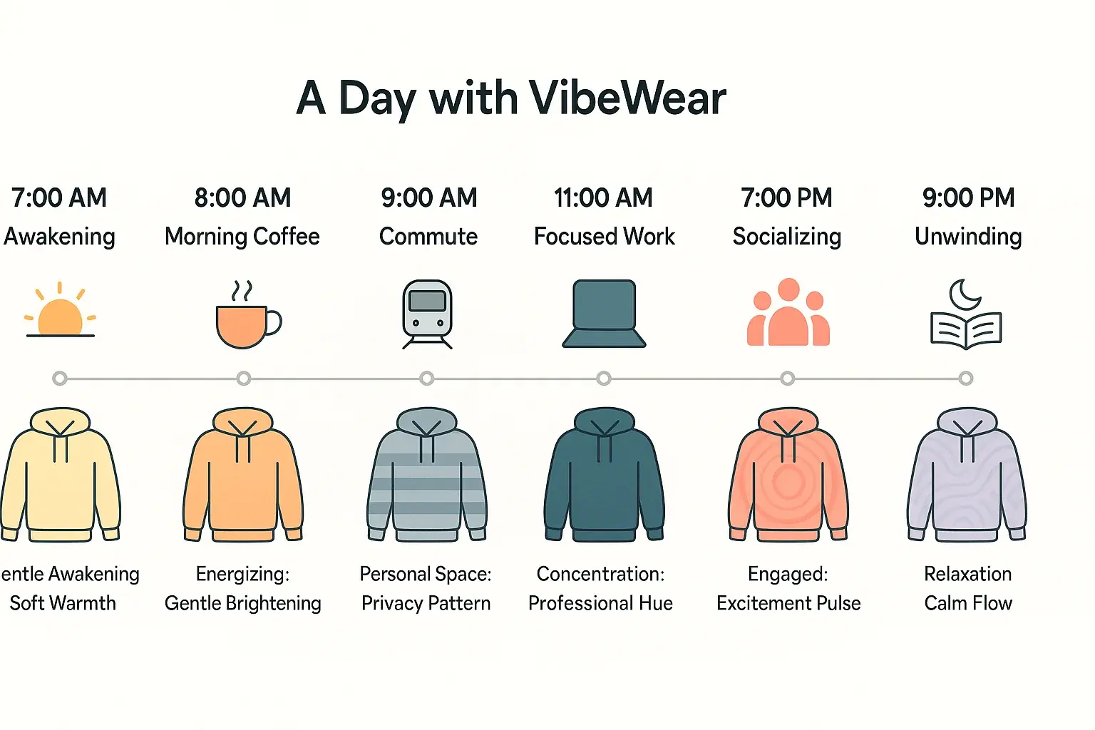 Infographic: Timeline with icons shows VibeWear adapting to daily mood/environment changes from morning coffee to social
