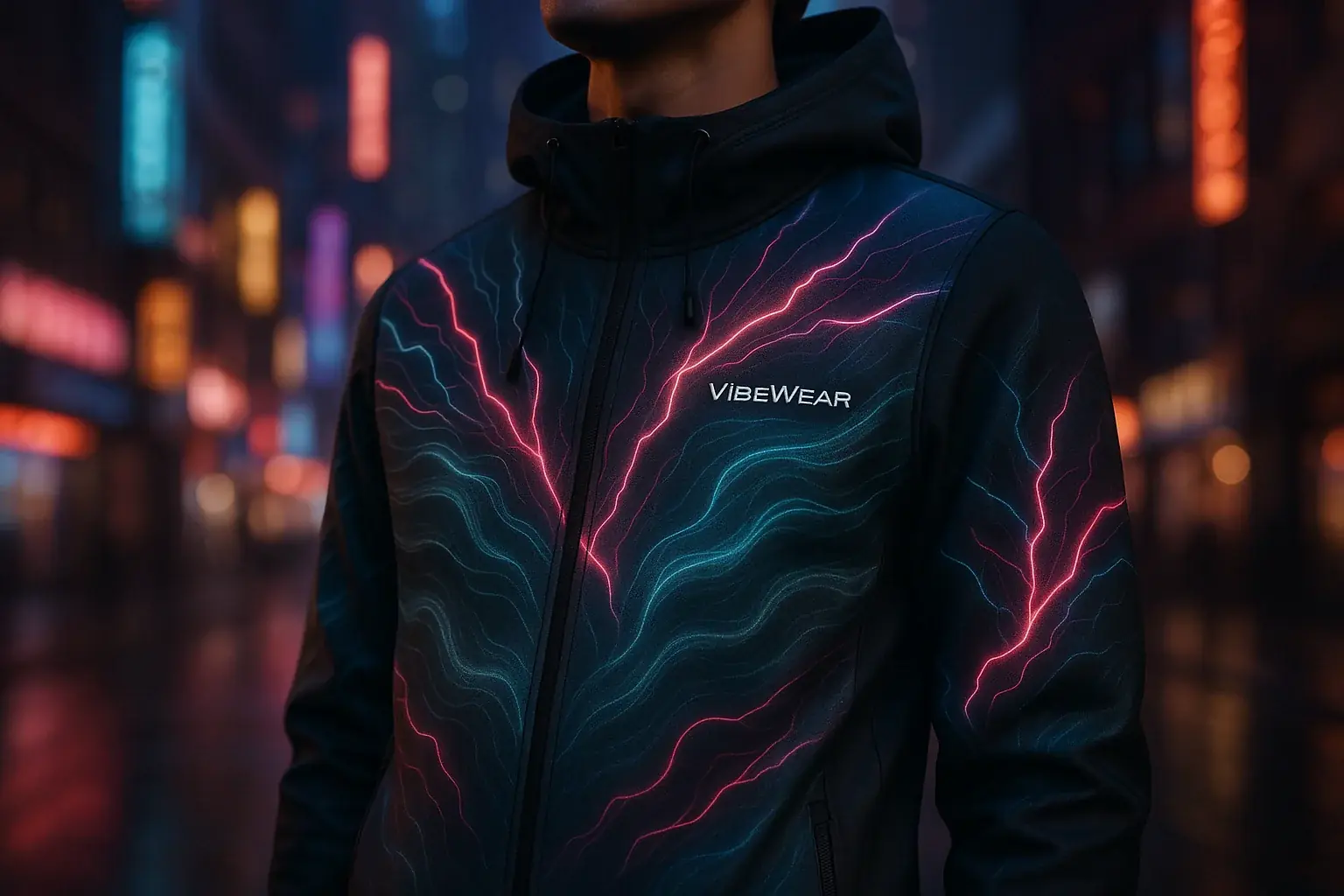 Artistic VibeWear E-Ink streetwear shows flowing, vibrant patterns, a personal language of the wearer&#x27;s complex emotions.