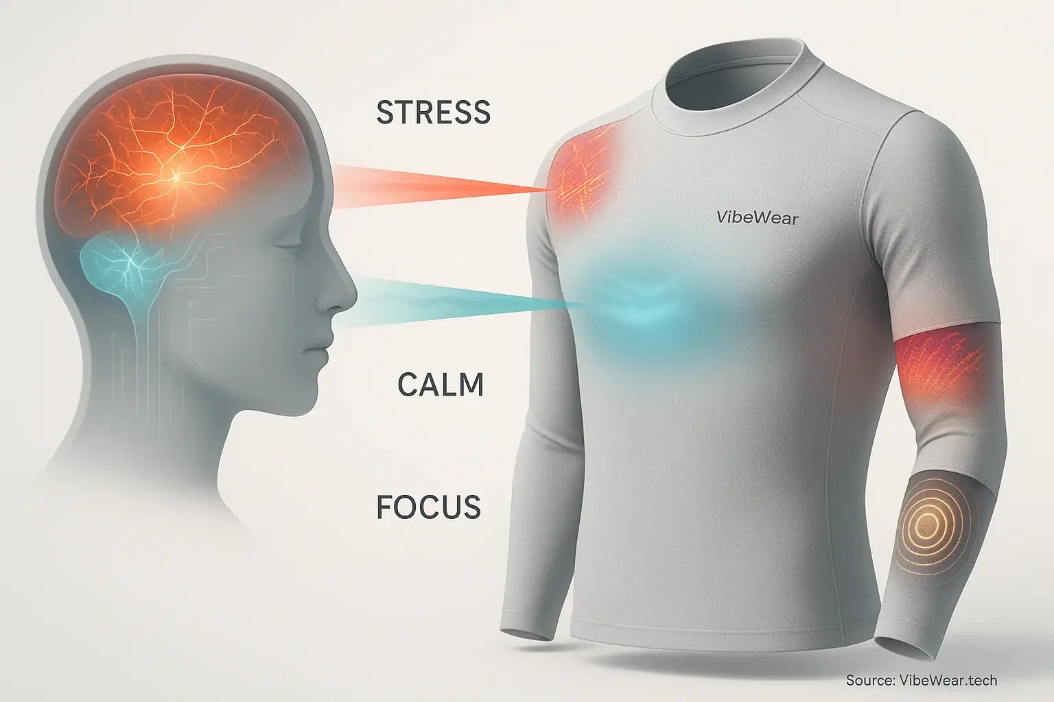 Conceptual brain icon links emotional states (stress, calm) to corresponding VibeWear garment patterns, illustrating mood