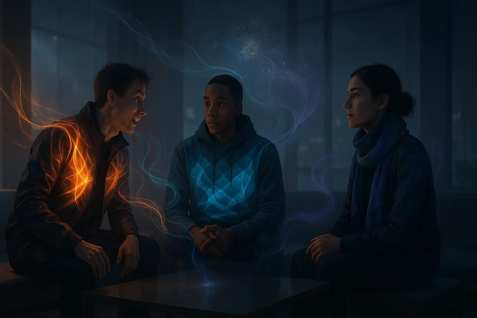 Conceptual art: VibeWear subtly reveals diverse emotions on interacting people, altering their group&#x27;s social dynamic.