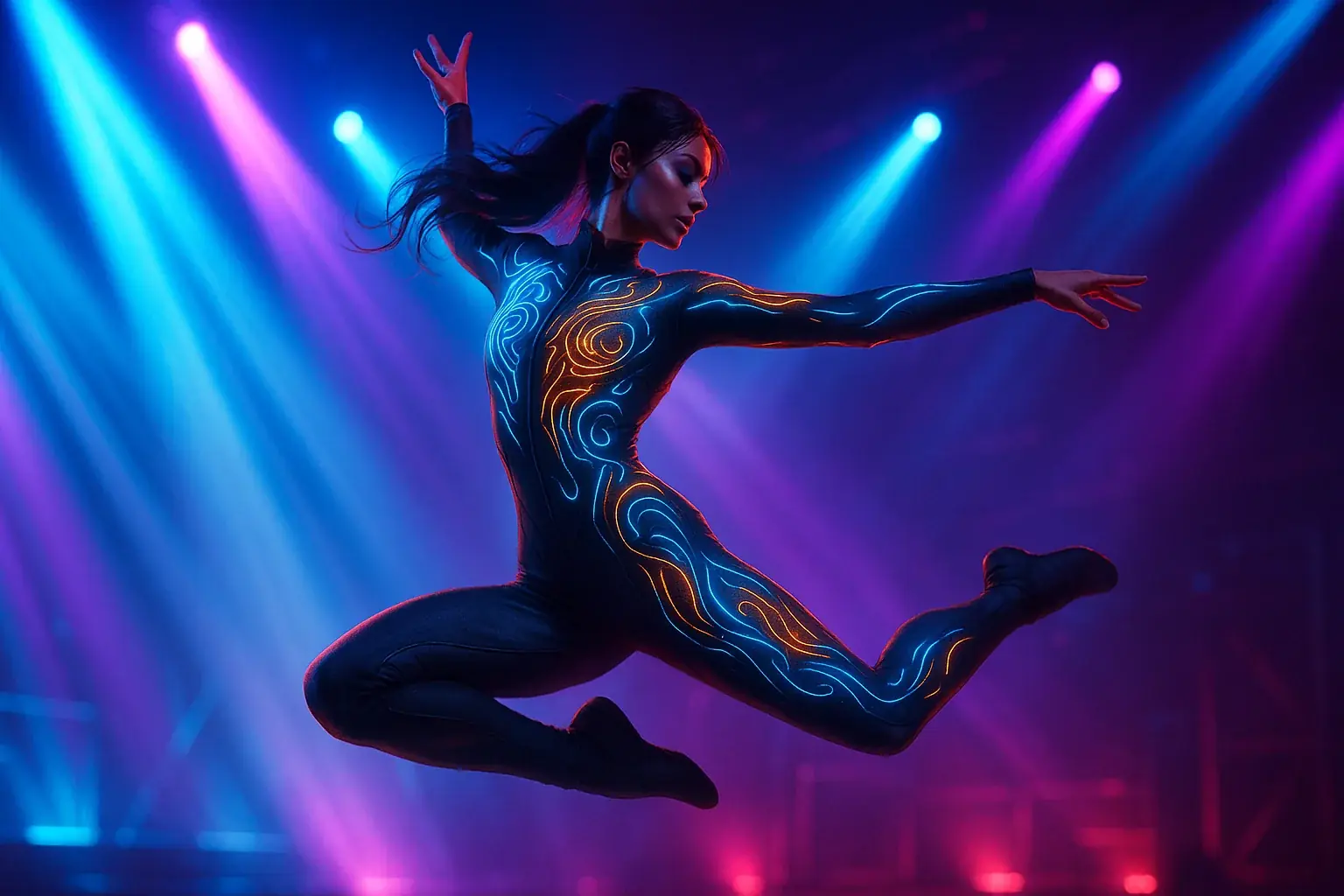 Energetic performer&#x27;s VibeWear E-Ink costume: patterns react dynamically to music &amp; movement under futuristic concert lights.