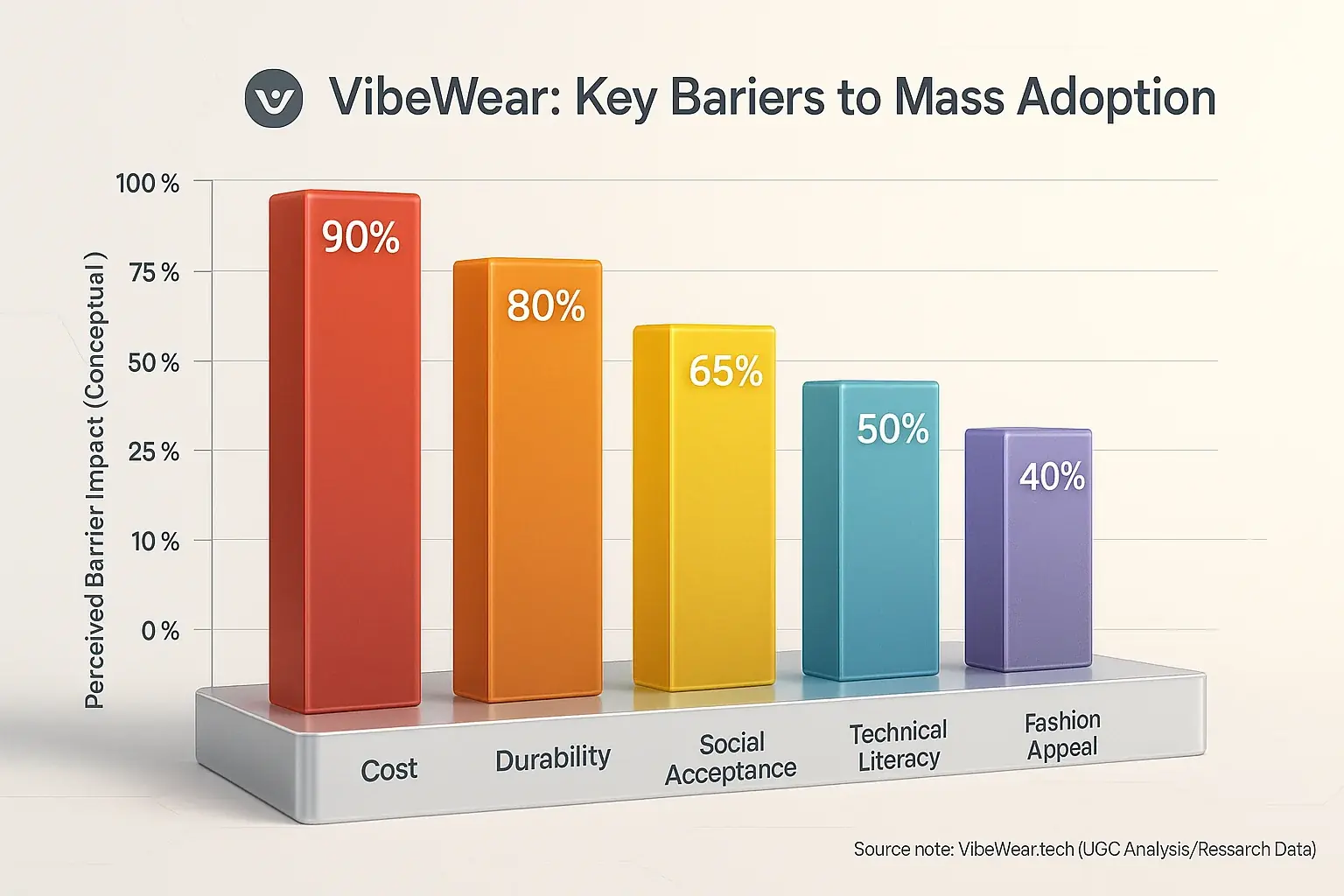 Bar chart analyzing VibeWear adoption barriers: Cost, Durability, Social Acceptance, Tech Literacy, Fashion Appeal.