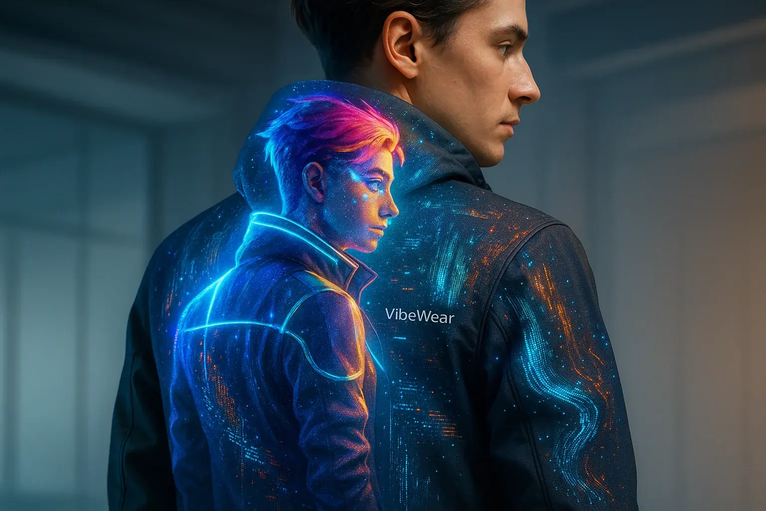Vibrant digital twin avatar projected onto VibeWear, blending online persona with physical fashion.