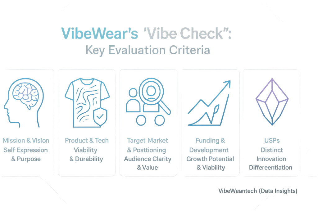 Key evaluation criteria and icons for pioneering VibeWear brands, part of VibeWear's 'Vibe Check'.