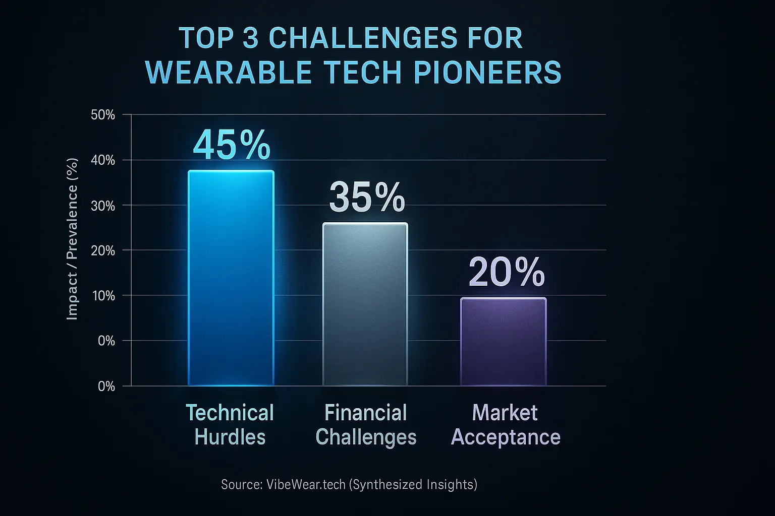 Bar chart: Funding (75%), Technical Hurdles (60%), Market Adoption (45%) are top challenges for wearable tech startups.
