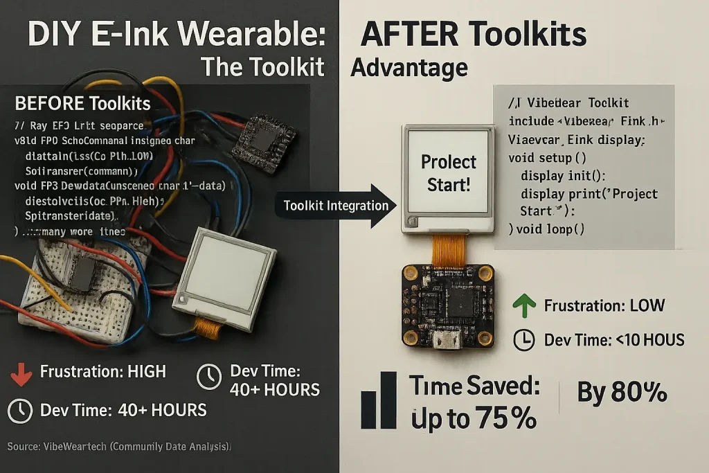 Infographic: E-Ink DIY. Before toolkits: messy wires, complex code. After: streamlined components, cleaner code. Saves time,