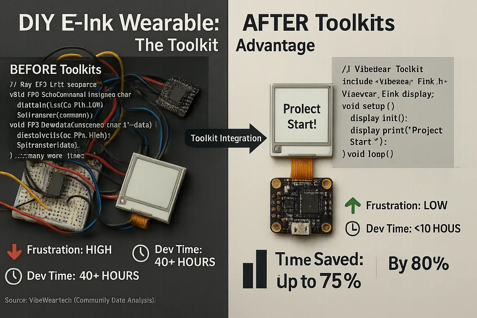 Infographic: E-Ink DIY. Before toolkits: messy wires, complex code. After: streamlined components, cleaner code. Saves time,