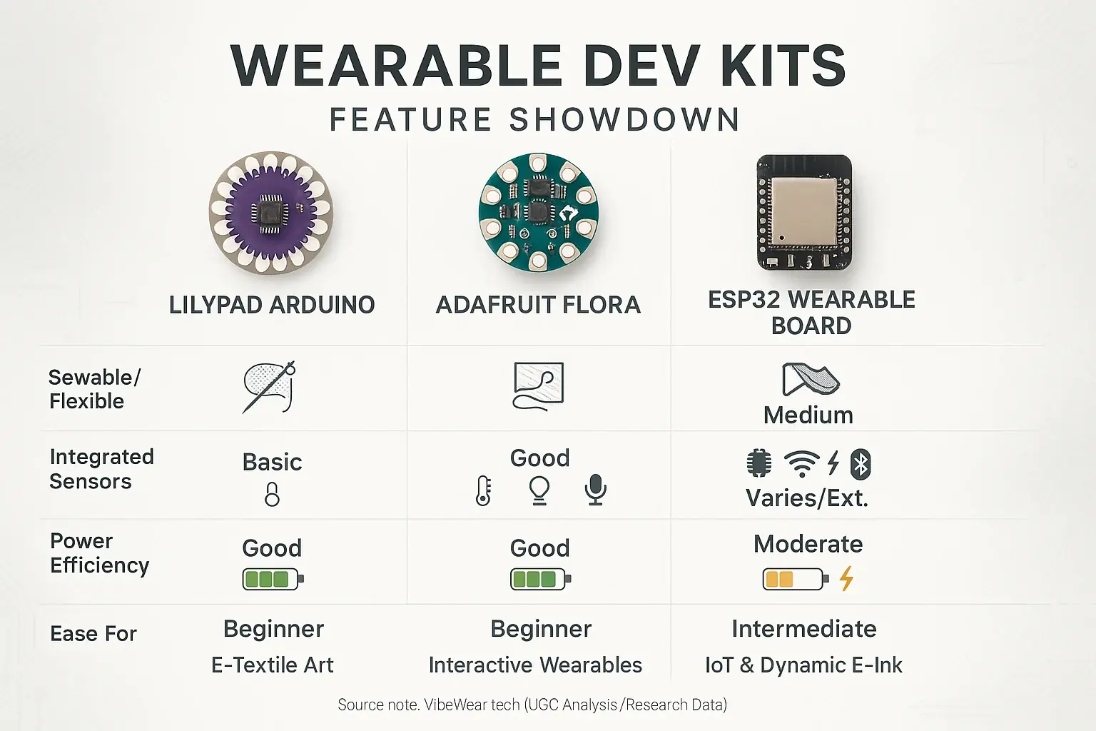 Table comparing wearable dev kits: LilyPad (sewable), Flora (sensors), ESP32 (power/connectivity).