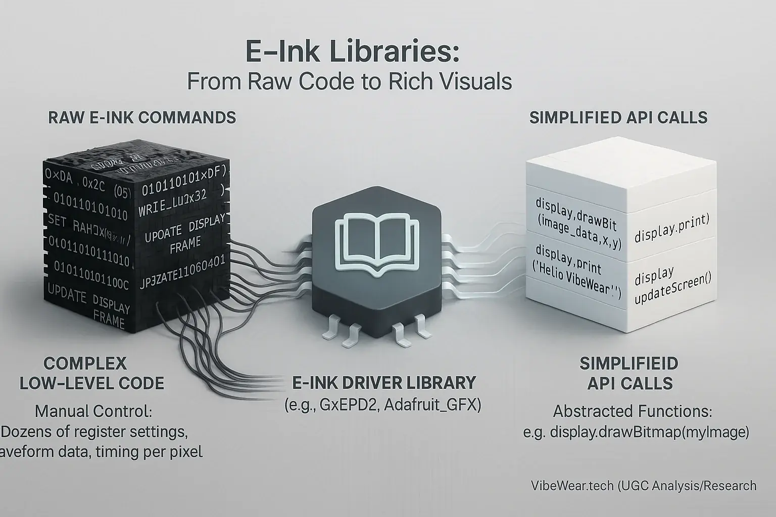 Complex low-level code transforms into simple functions via an E-Ink library icon, showing command abstraction.