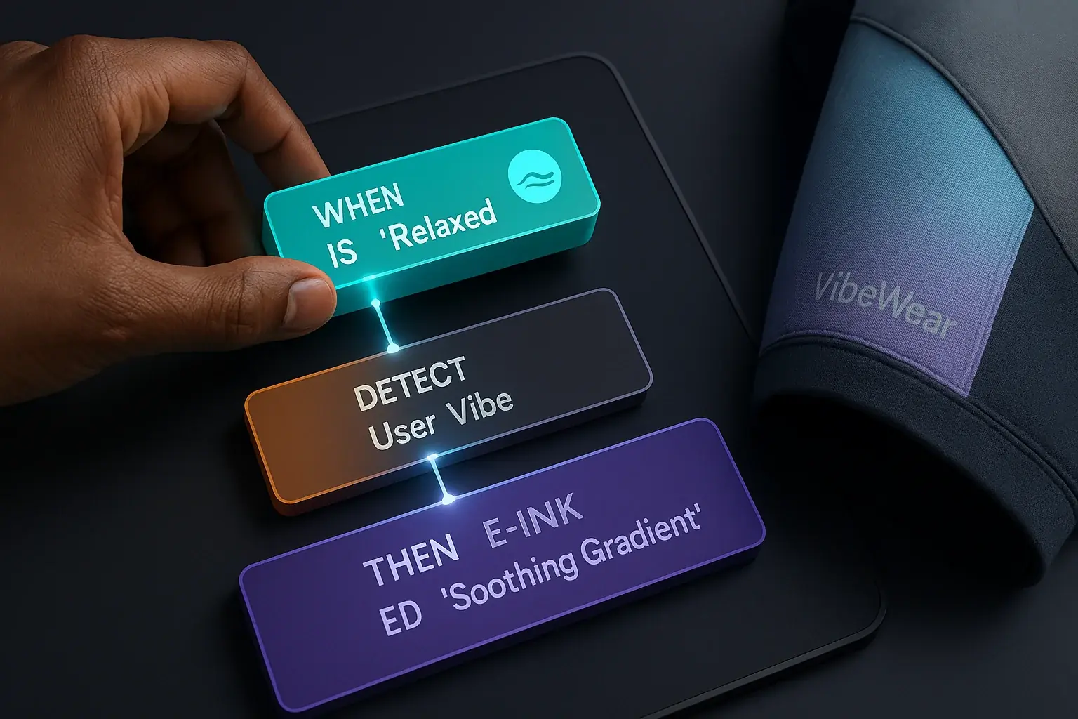 Hand drags colorful code blocks, forming E-Ink logic, illustrating VibeWear&#x27;s easy visual programming for all.