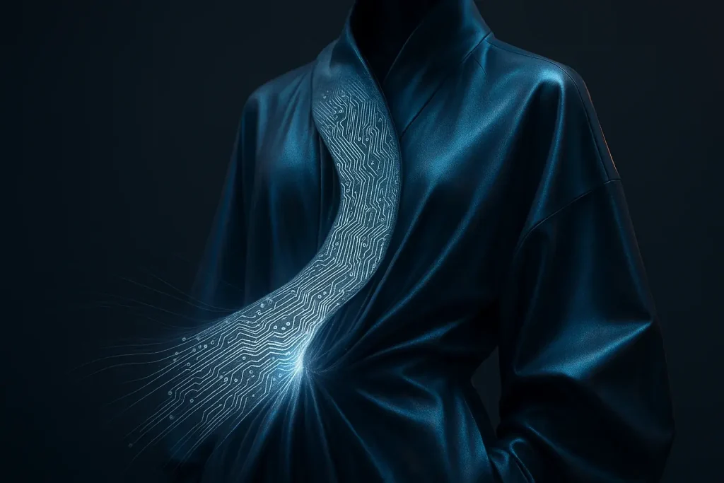 Dynamic lines depict E Ink tech merging with couture fabric, symbolizing powerful tech-fashion collaboration.