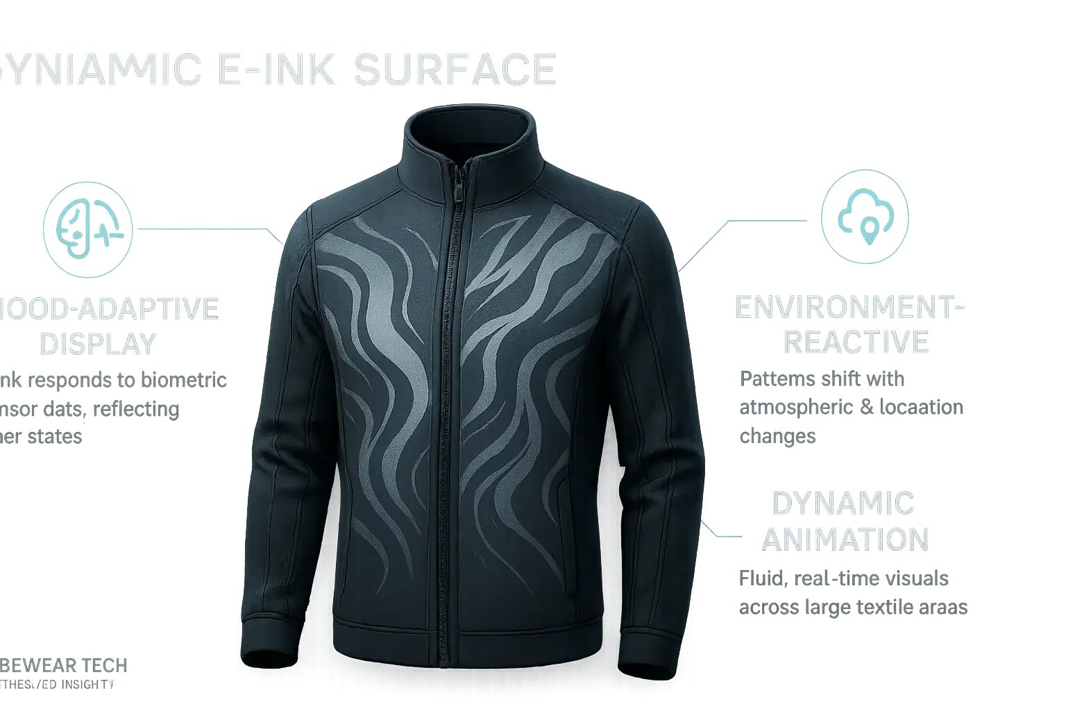 Infographic: E-Ink garment&#x27;s textile-integrated displays adapting to mood/environment, visualized with icons.