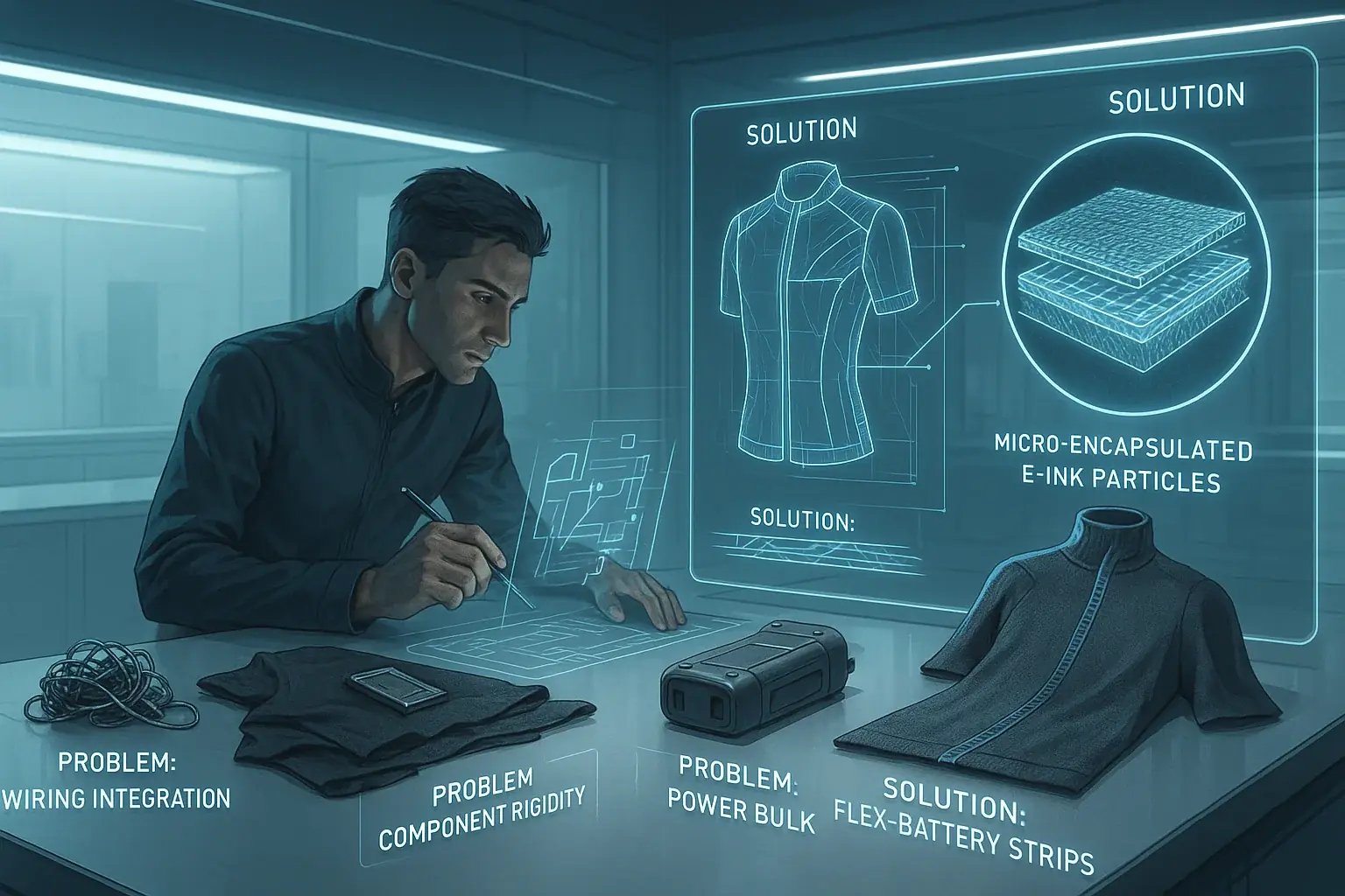 Designer sketching solutions to fashion tech&#x27;s tangled wires, rigid components, &amp; battery bulk. Clean, futuristic aesthetic.