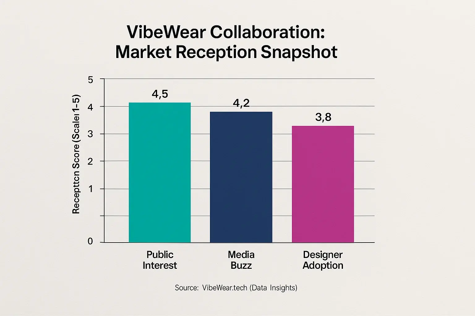 Bar chart: Public Interest 4/5, Designer Adoption 3.5/5, Media Buzz 4.2/5, reflecting positive market resonance.
