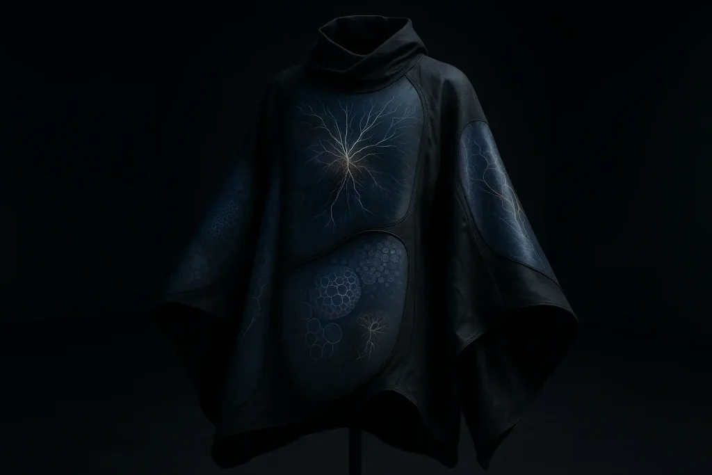 Futuristic E-Ink garment: subtle, shifting bio-patterns embody clothes as an ethereal, living canvas.