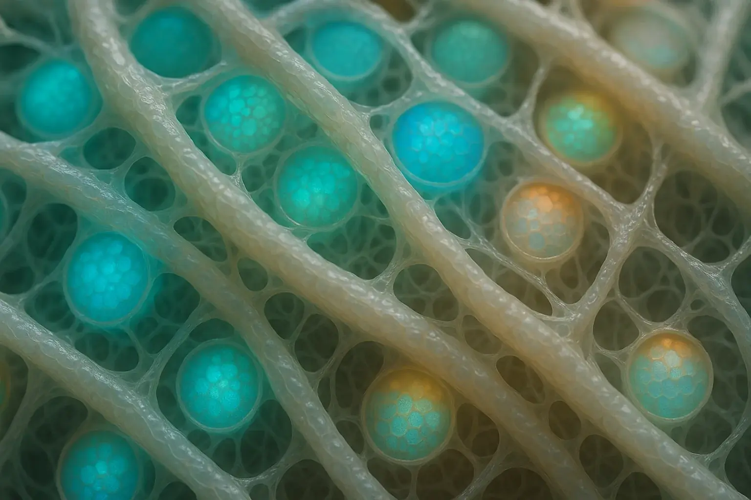 Microscopic E-Ink in organic fibers, its light patterns mimicking cellular life, for displays that breathe and grow.