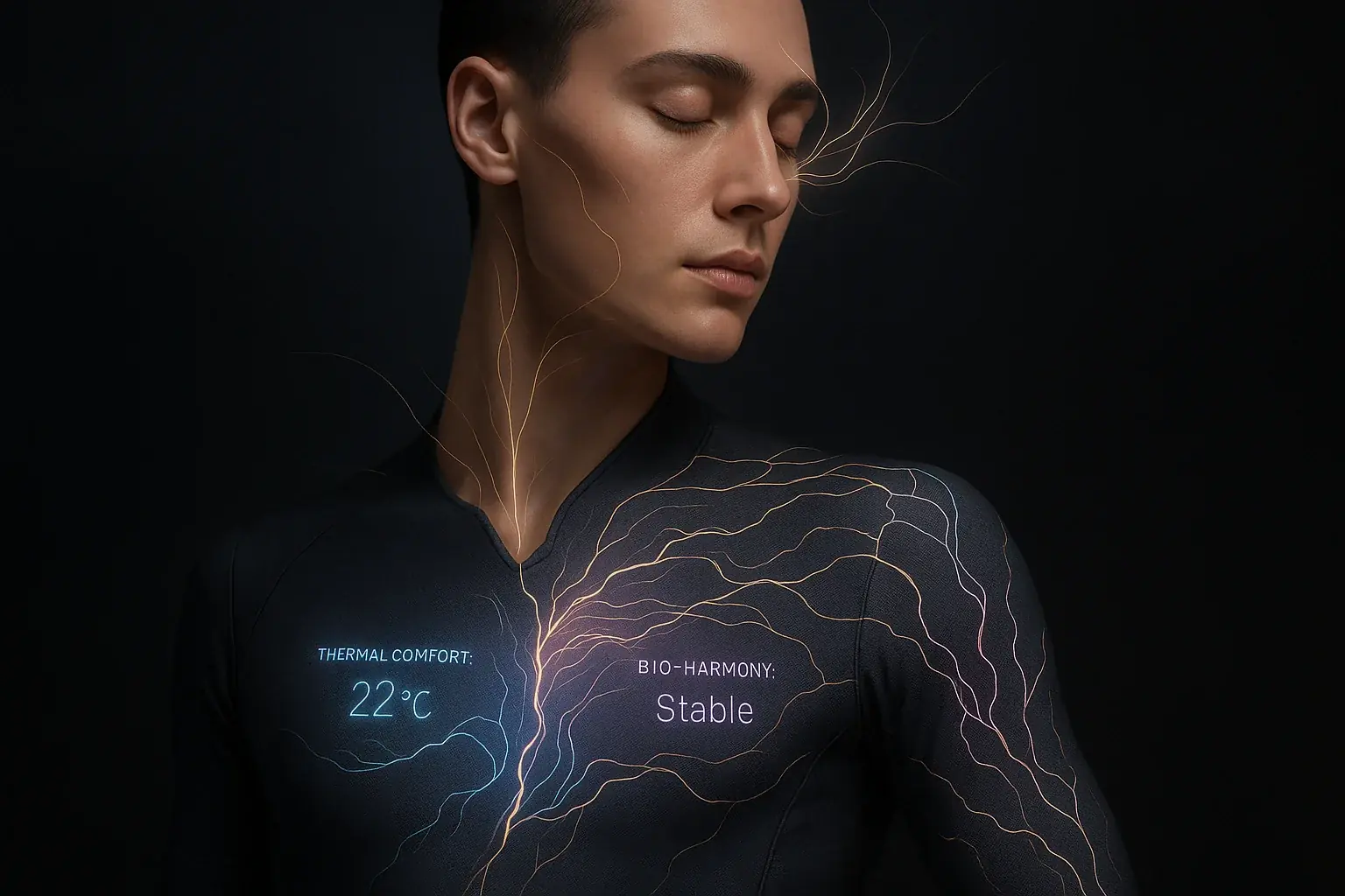 Wearer&#x27;s garment subtly glows and shifts color, linked by ethereal lines to bio-signals, embodying symbiotic style.