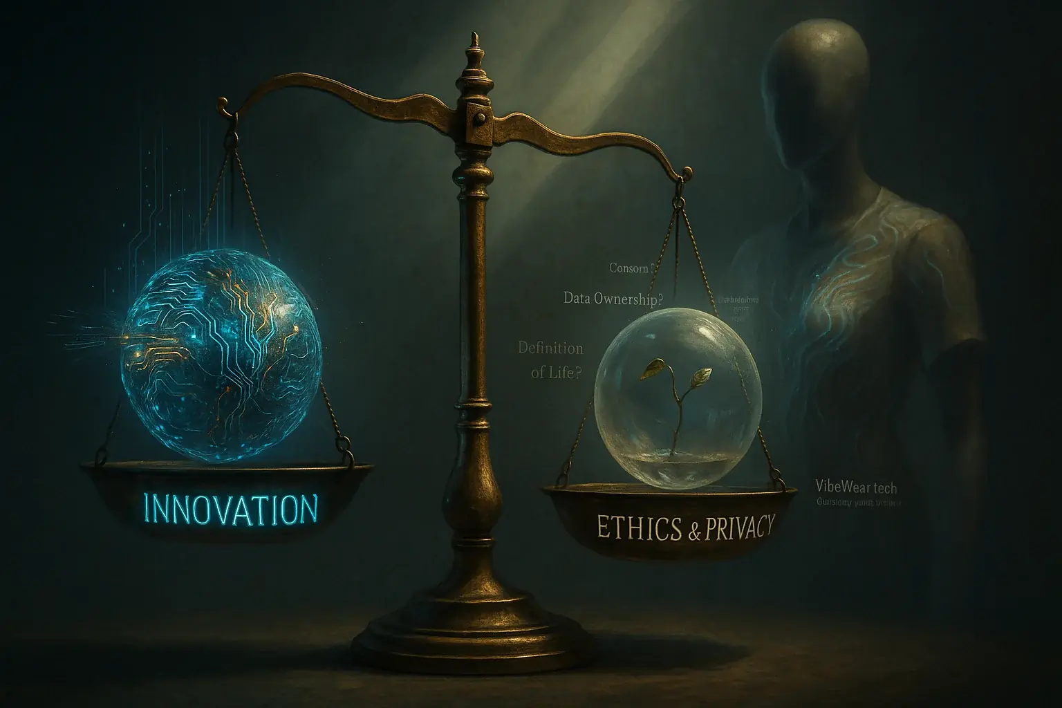 Abstract balance scale weighs &#x27;innovation&#x27; against &#x27;privacy/ethics&#x27;, bio-tech garment behind, illustrating fashion&#x27;s ethical