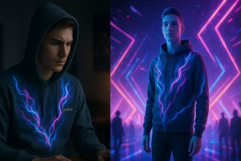 VibeWear hoodie's dynamic E-Ink pattern mirrored on avatar in futuristic metaverse, blending physical & digital style.