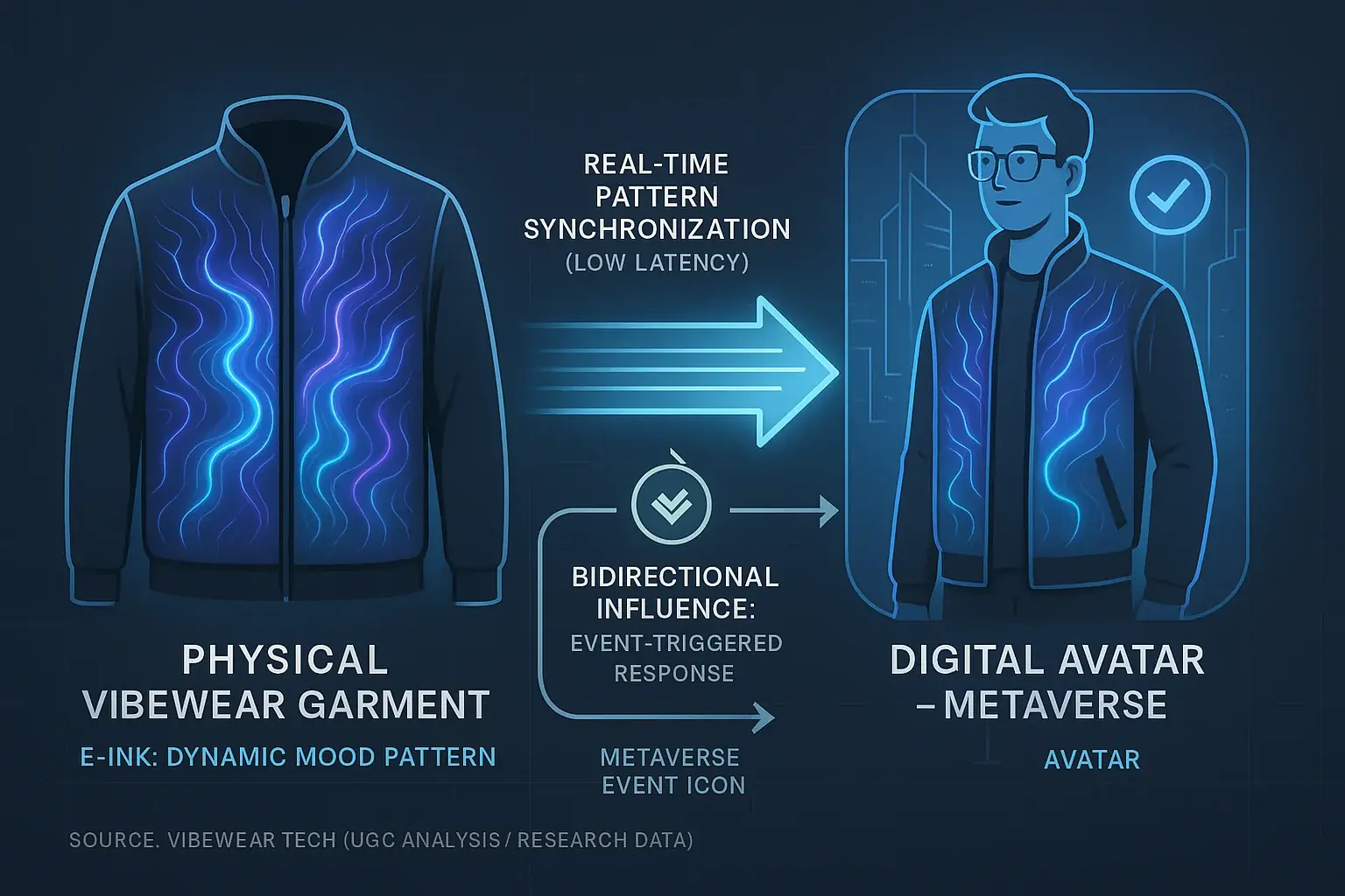 Infographic illustrating VibeWear E-Ink garment's real-time pattern/color sync with a metaverse avatar via data flow arrows.