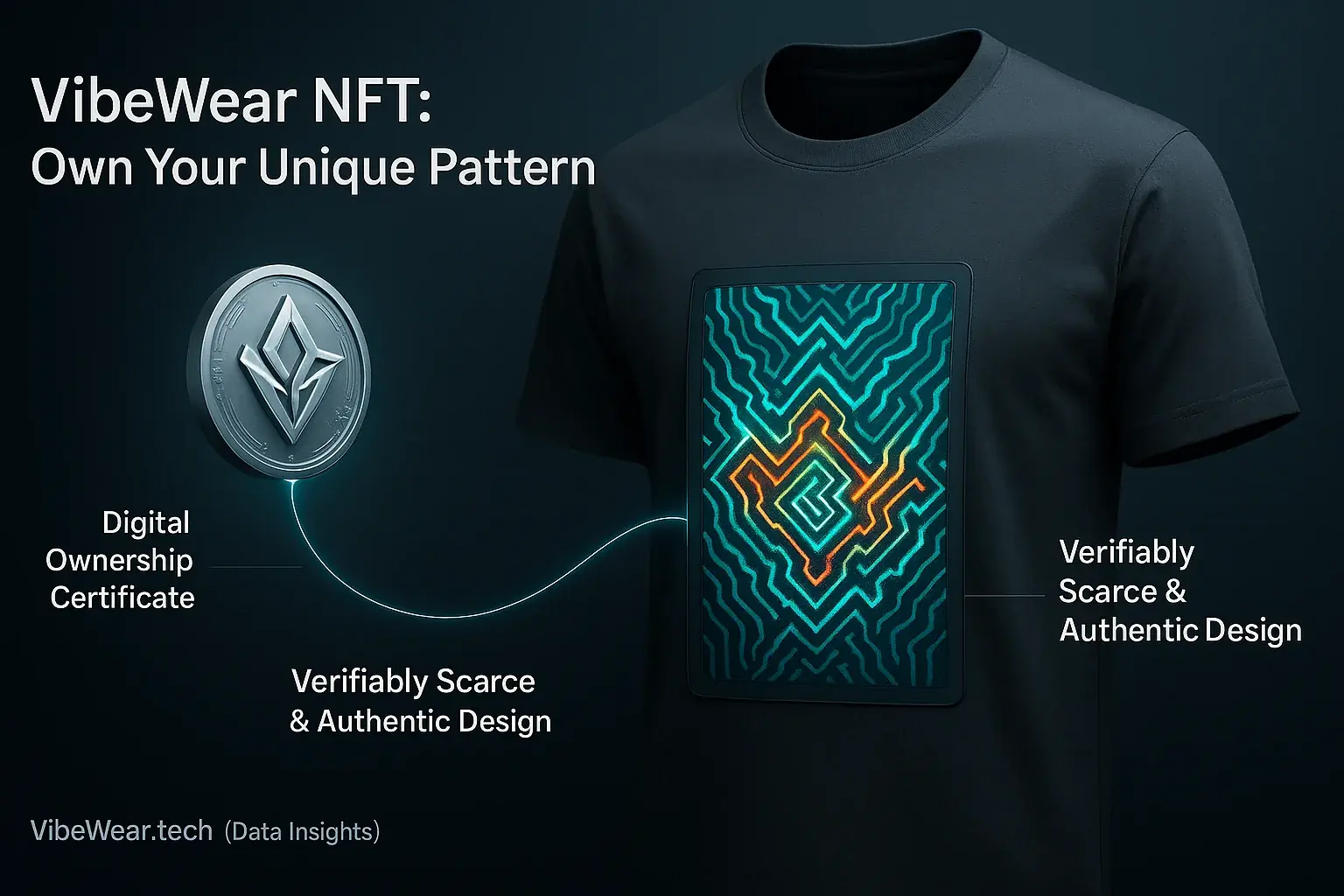 Digital token icon connected to unique VibeWear E-Ink pattern, illustrating NFT ownership & fashion scarcity.