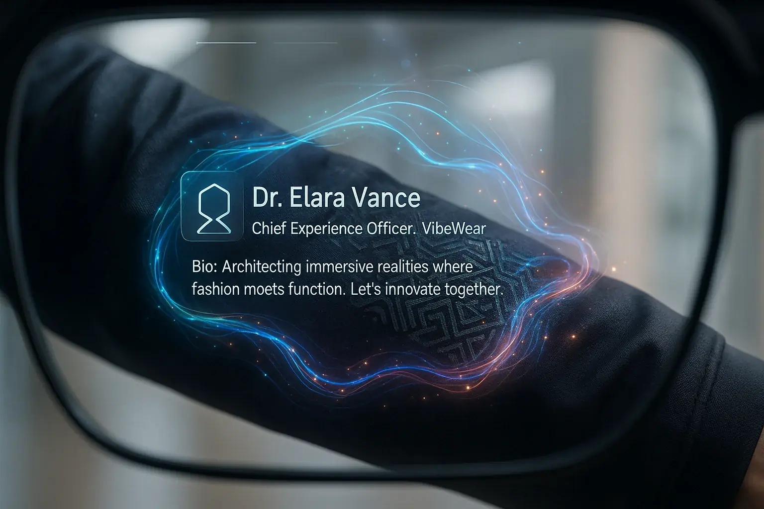 AR view: Person in VibeWear; E-Ink pattern dynamically enhanced by digital overlay for new expression.