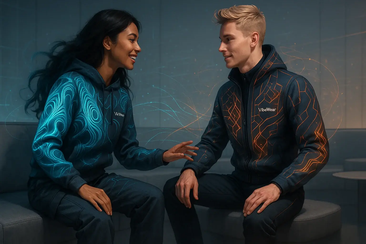 Diverse individuals in VibeWear seamlessly interact in blended reality, patterns merging physical and augmented worlds.