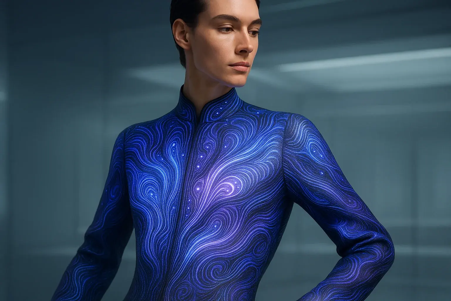 Person in elegant, futuristic E-Ink attire; dynamic, mood-adaptive patterns flow across seamless fabric.