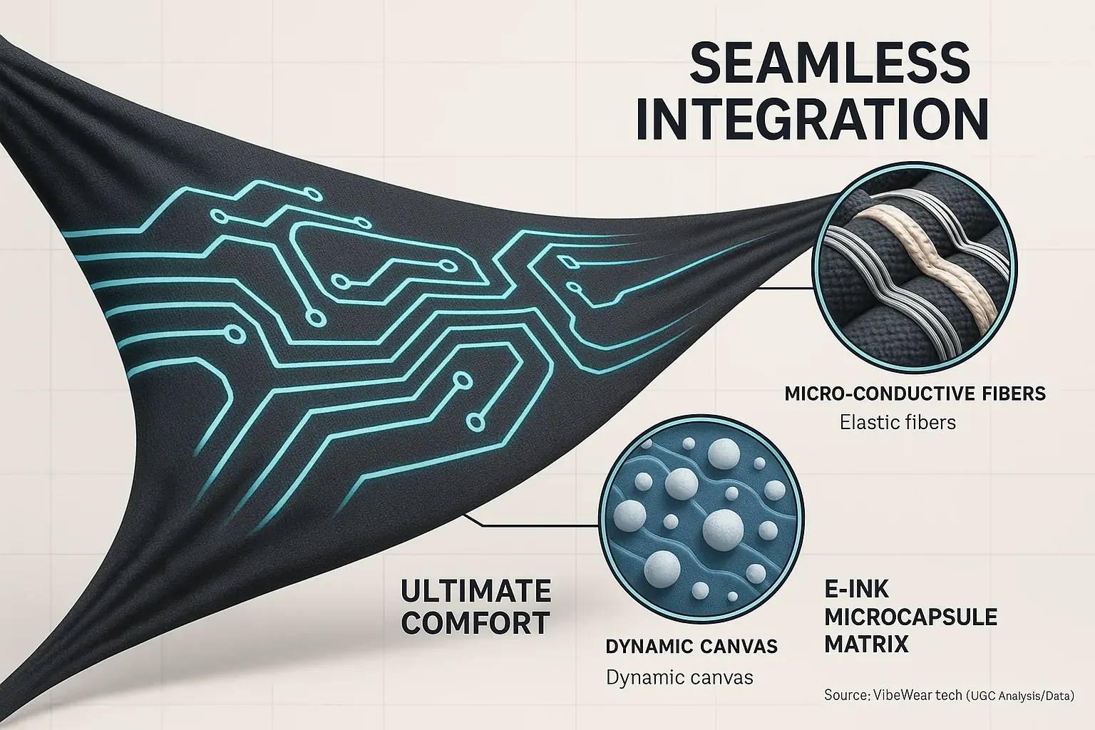 Stretching fabric, E-Ink pattern intact. Micro-illustrations of flexible circuits. Enables seamless integration &amp; comfort.