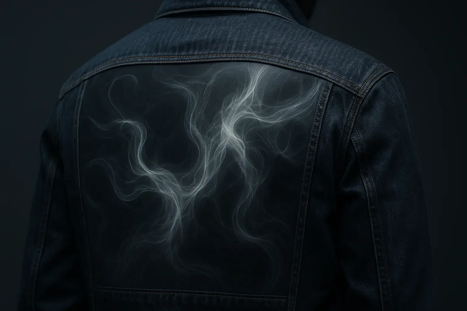 Stylish jacket&#x27;s transparent E-Ink overlay: dynamic, fluid, ghostly pattern merges with the visible fabric texture.