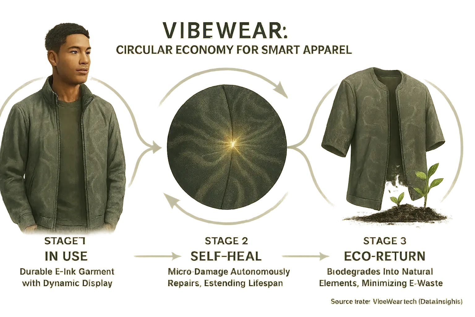 Infographic: E-Ink apparel&#x27;s circular lifecycle: wear, self-repair, biodegradation, minimizing environmental impact.