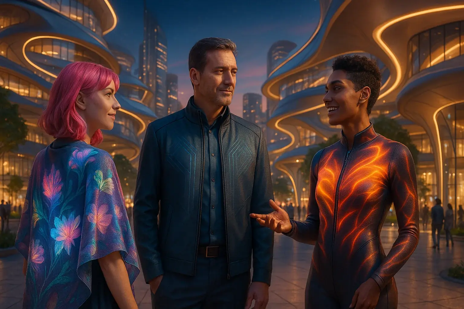 Diverse people in futuristic city wear VibeWear; E-Ink dynamically displays their unique styles, revolutionizing