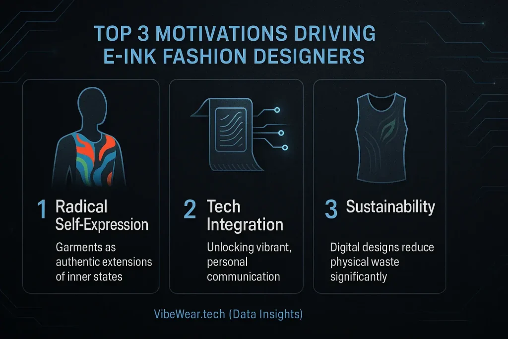 Infographic: E-Ink fashion designers' top 3 motivations: self-expression, sustainability, tech integration.