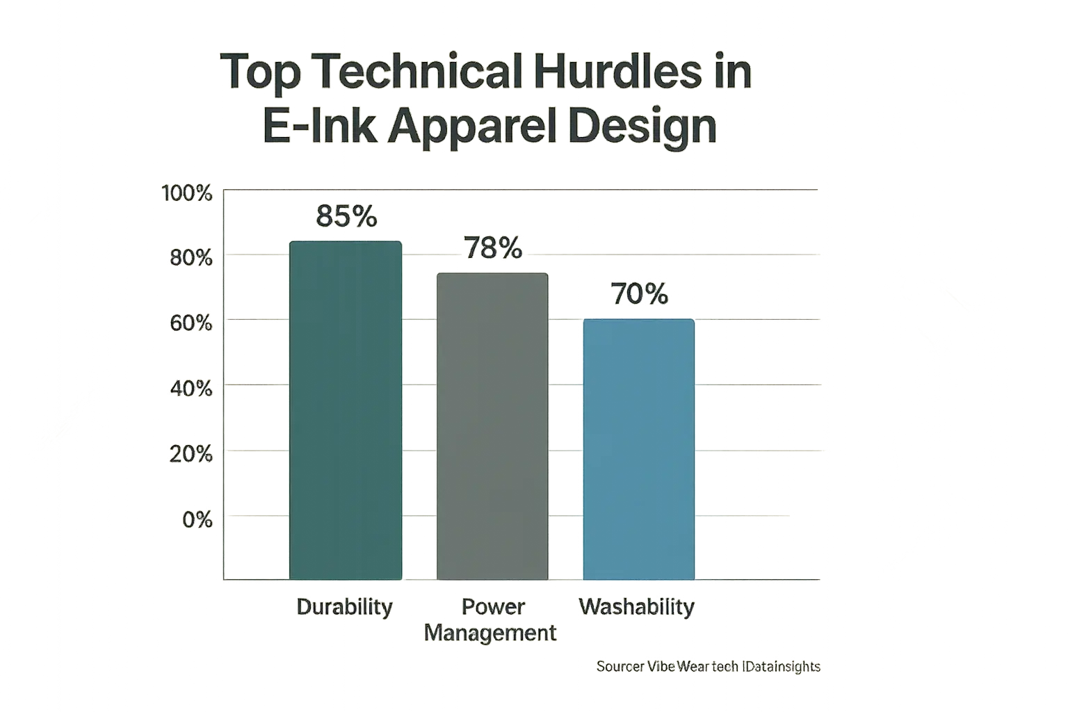 Bar chart illustrating E-Ink apparel&#x27;s top 3 technical challenges: Durability, Power, and Washability.