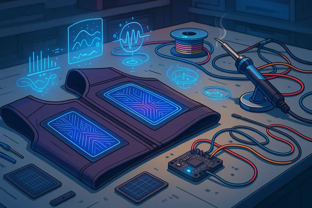 Futuristic workbench for VibeWear: E-Ink, soldering iron, microcontroller, and a smart garment being assembled.