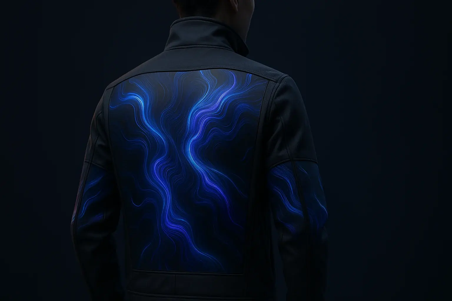 Sleek streetwear jacket with expansive, seamless E-Ink back/sleeve panels displaying a dynamic abstract pattern.