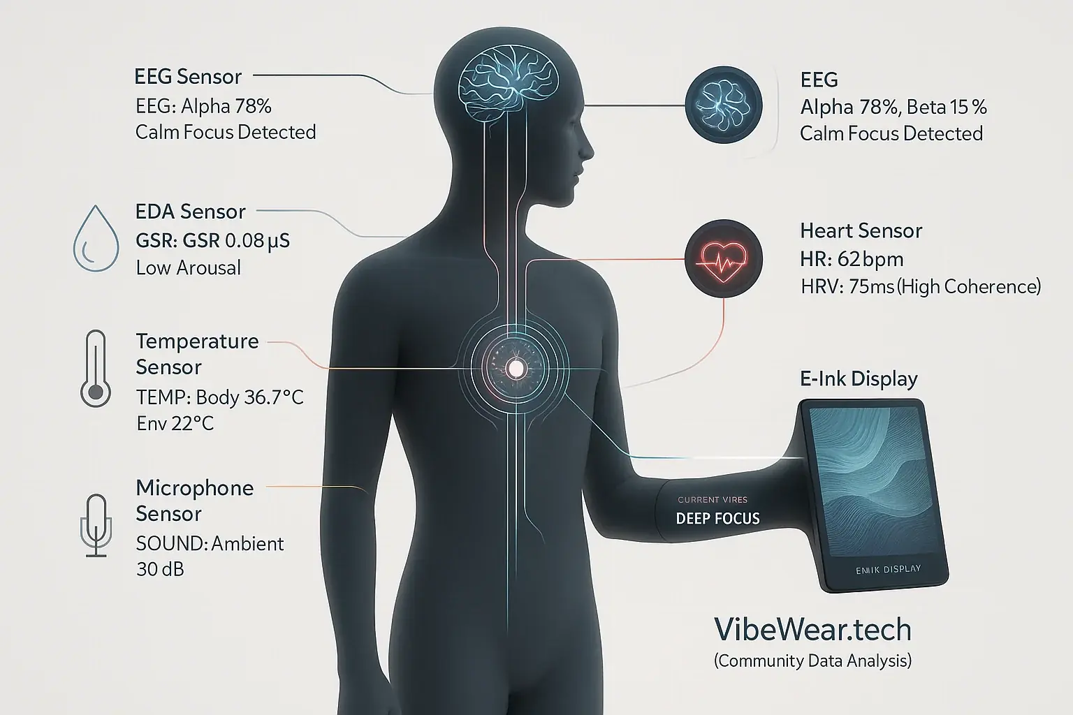 Silhouette with bio-sensors (heart, brain, sweat, temp, mic) data fused, powering a dynamic, emotion-reactive E-Ink display.
