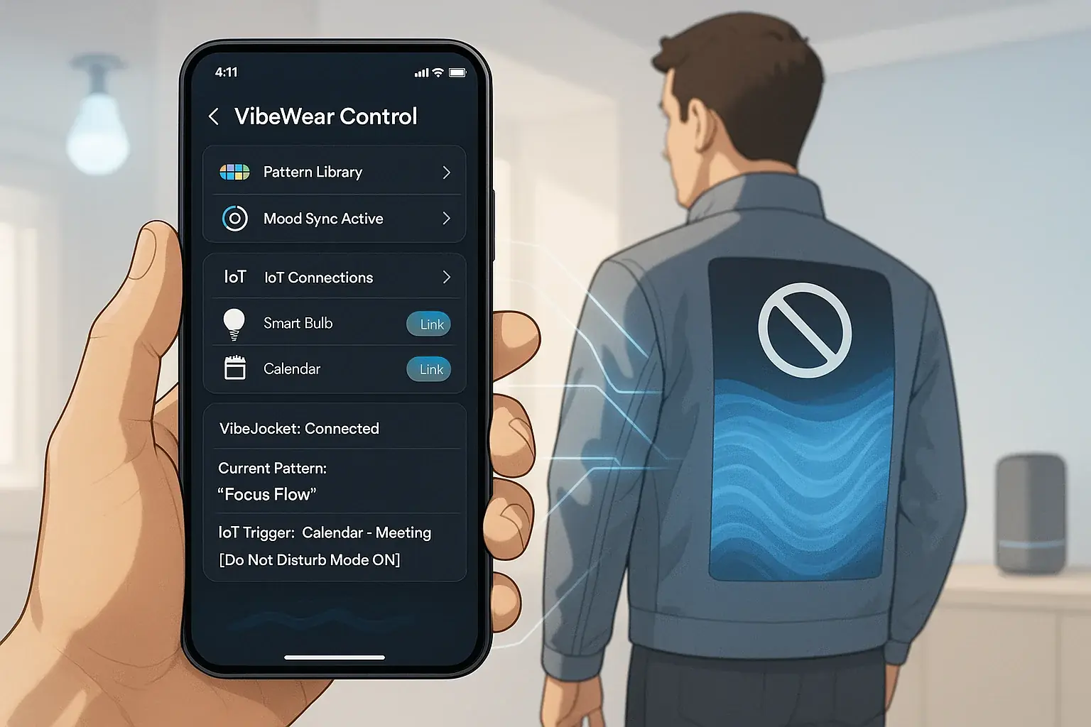 VibeWear app on phone screen, with lines to E-Ink garment &amp; smart devices, symbolizing IoT integration.
