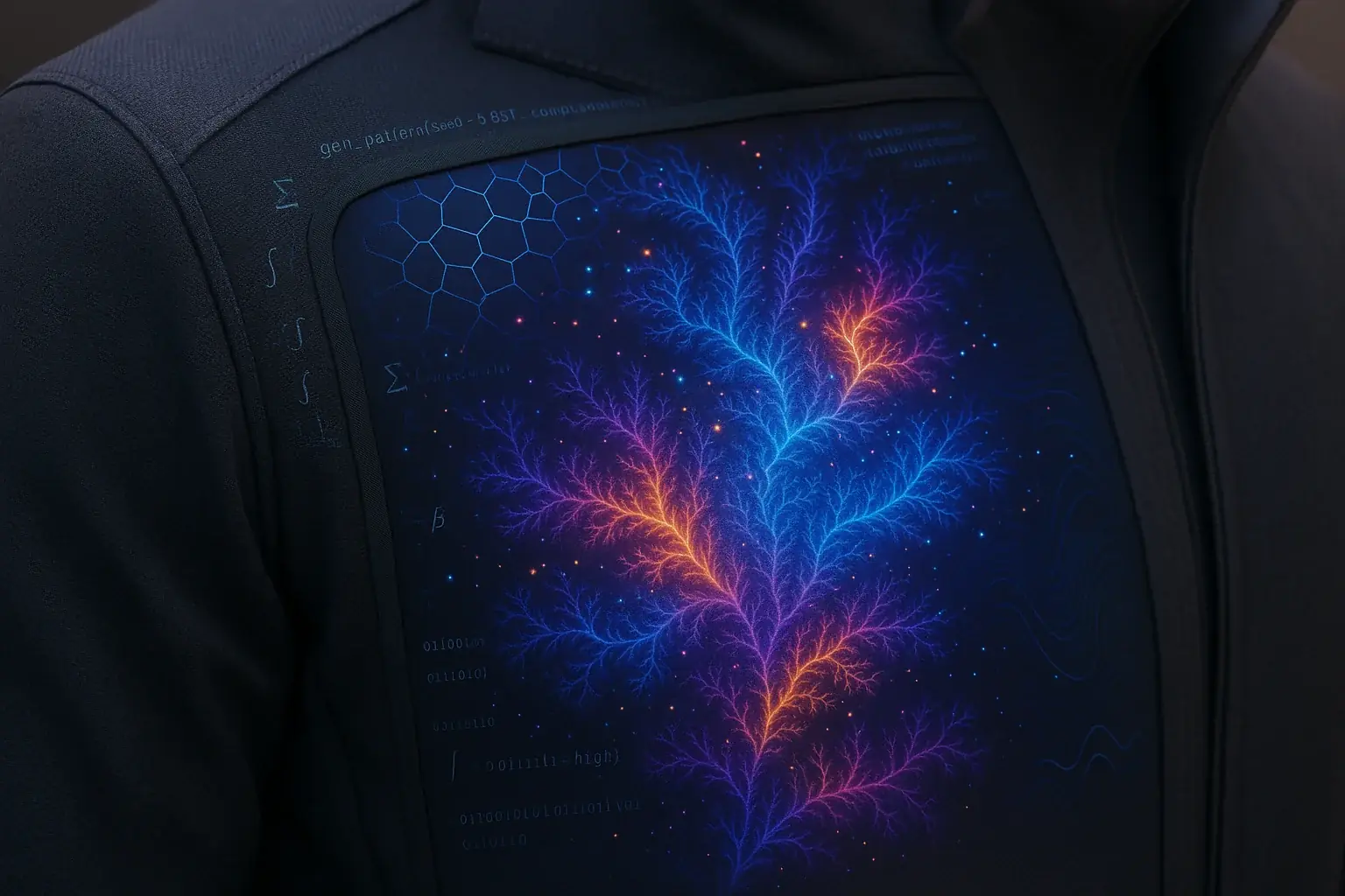 Data-driven generative patterns from a neural network evolving on E-Ink clothing, illustrating algorithmic artistry.