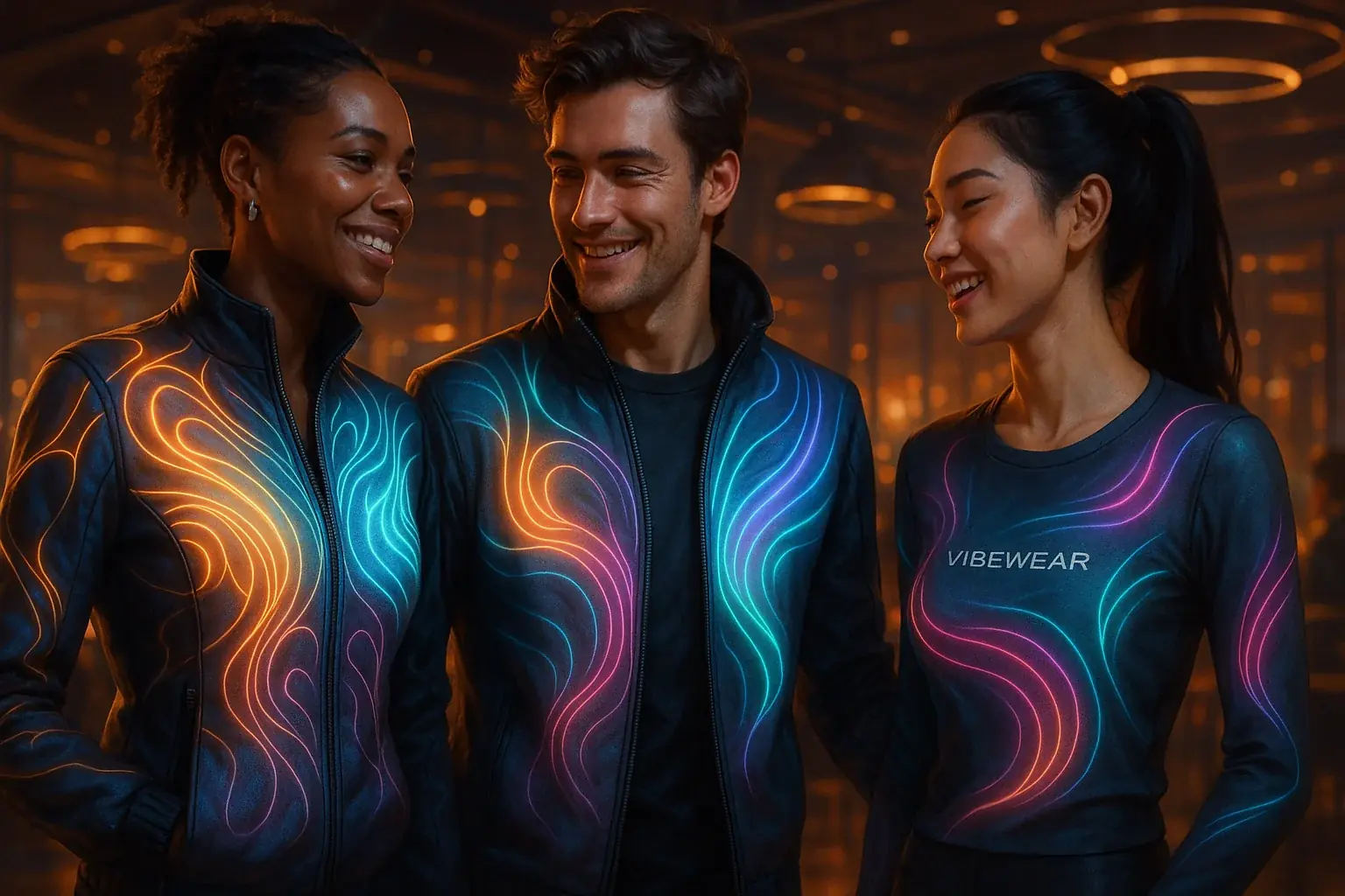 Group wearing futuristic VibeWear, E-Ink displays interacting &amp; synchronizing patterns for collective social expression.