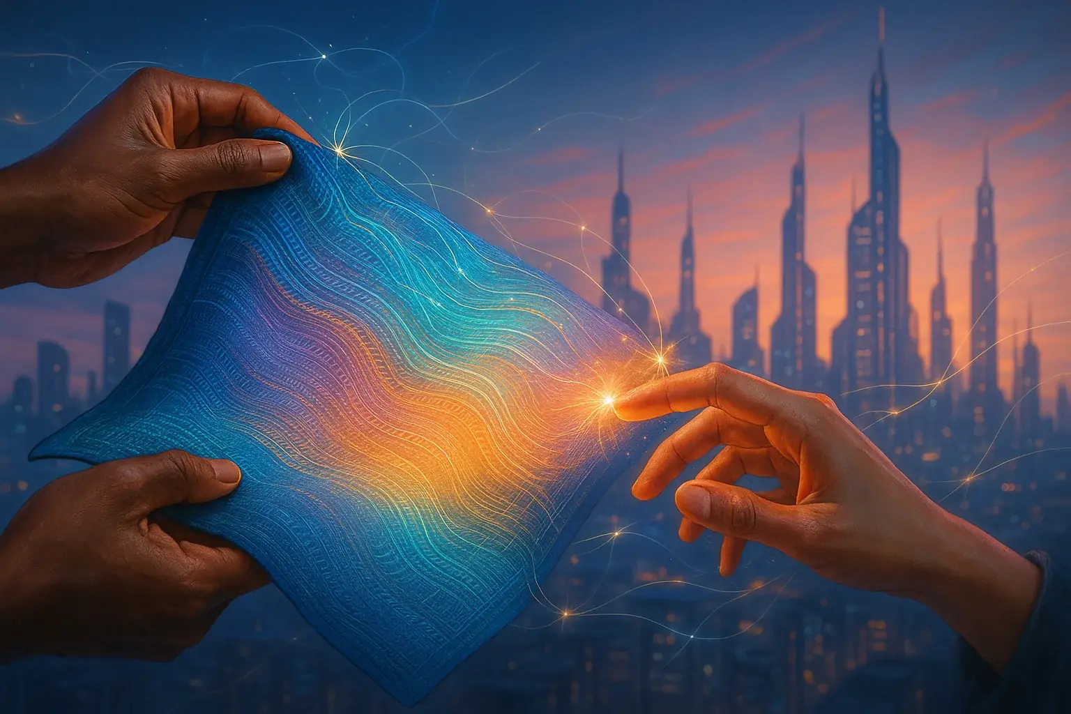 Maker&#x27;s hands reach for glowing E-Ink fabric; light links to futuristic city, sparking your next big idea.