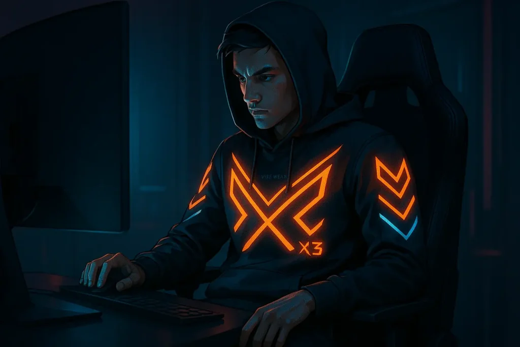 Gamer in sleek streetwear with dynamic E-Ink sleeves & chest that glow & shift, mirroring intense focus on a futuristic game