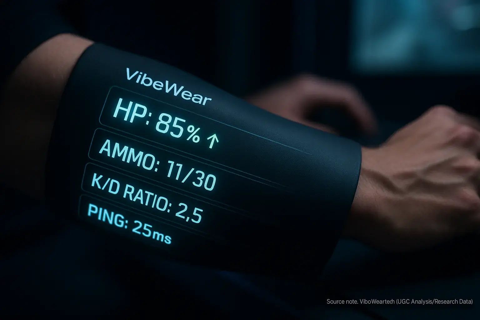 VibeWear E-Ink sleeve on gamer&#x27;s arm, dynamically updating stats (K/D 2.5, Ammo 12/30, HP 85%, Ping 25ms) with futuristic UI.