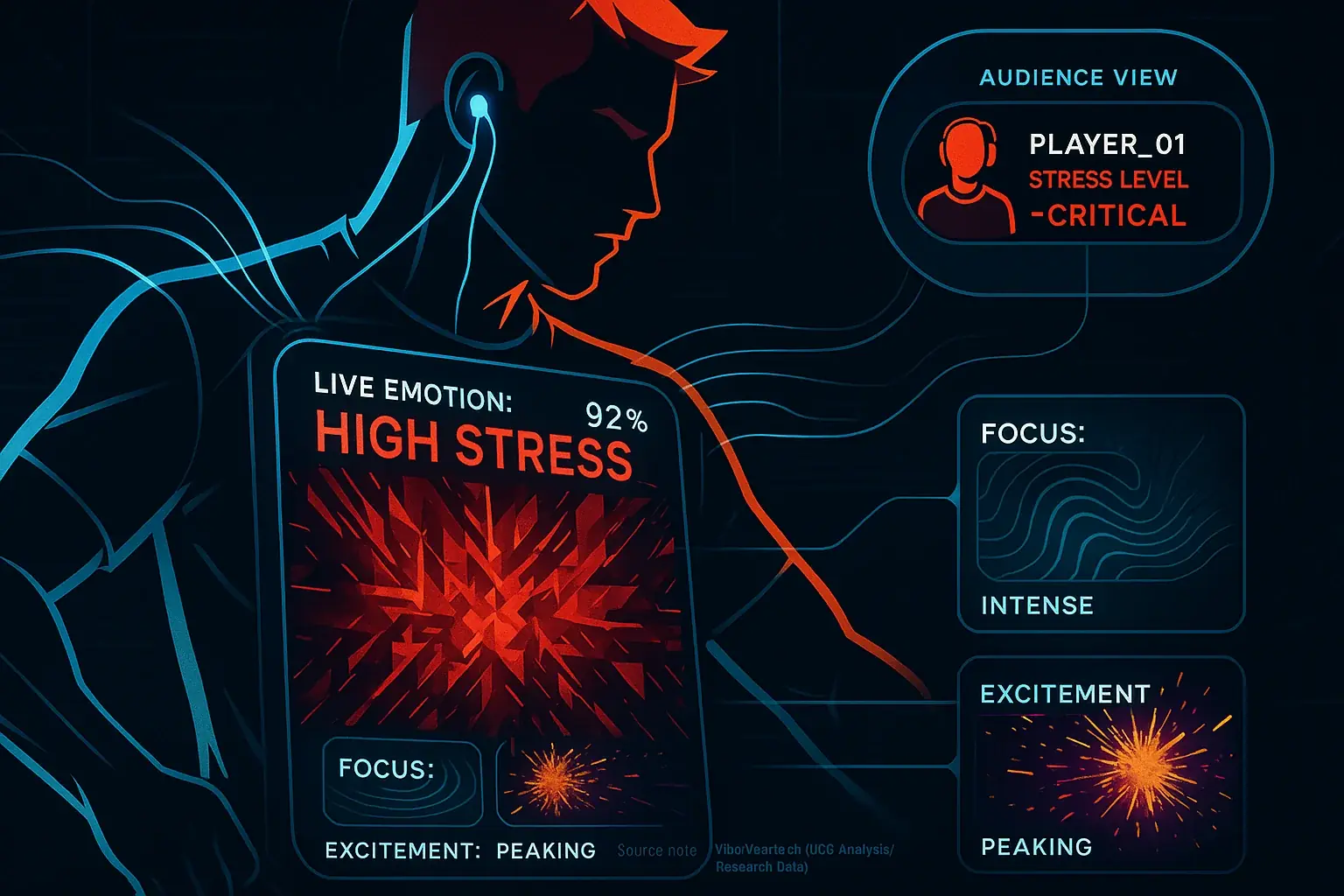 Infographic: Player bio-sensors stream data to E-Ink shirt, revealing emotions as abstract patterns to audience.