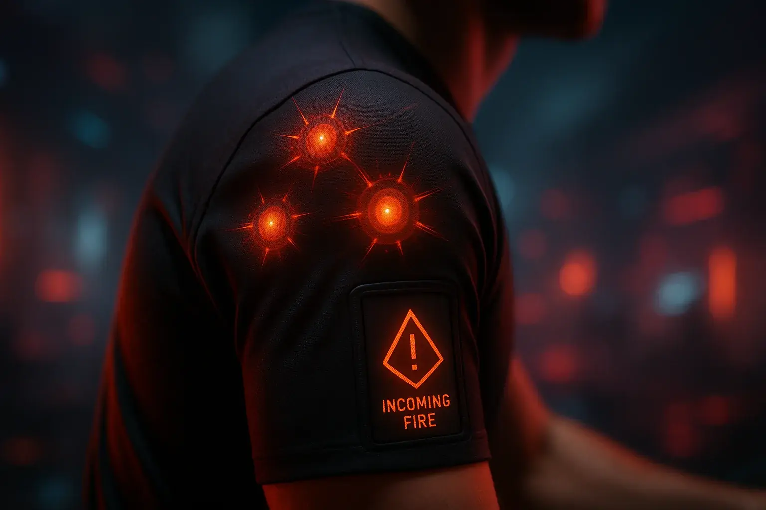 Subtle glowing haptic zones on gamer&#x27;s sci-fi clothing ripple, simulating immersive sensory feedback from game events.