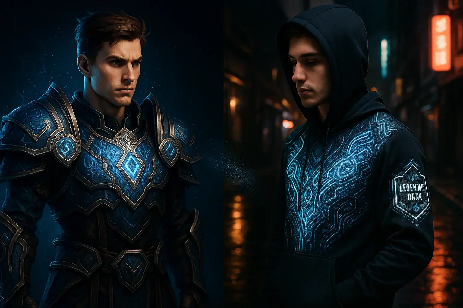 Split view: Gaming avatar&#x27;s style seamlessly blends into VibeWear clothing, your customizable offline digital twin.