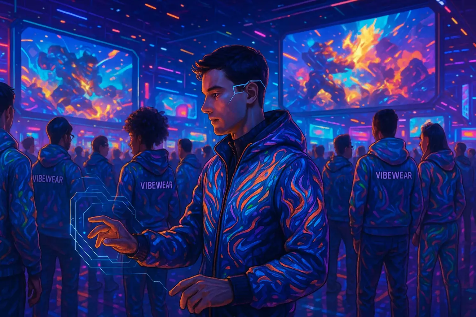 Vibrant sci-fi esports event: attendees in VibeWear immersed in a dynamic, tech-driven gaming community.