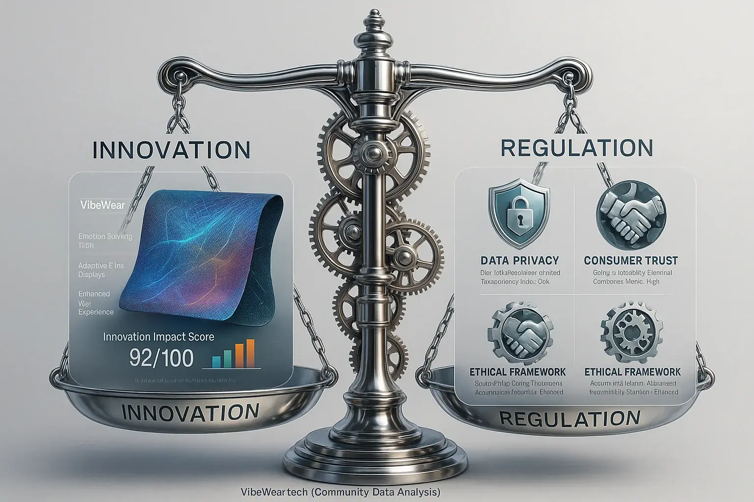 Scales balancing &#x27;Innovation&#x27; &amp; &#x27;Regulation,&#x27; with gears &amp; data, depicting the crucial equilibrium for emotion-sensing tech.